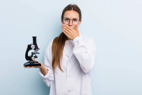 Young Adult Woman Covering Mouth Hands Shocked Scientist Microscope — Stockfoto