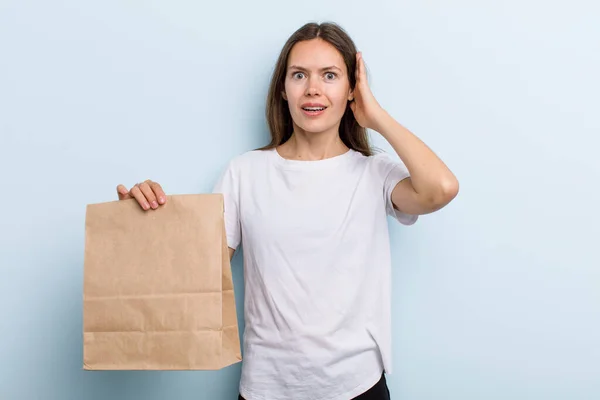 Young Adult Woman Looking Happy Astonished Surprised Delivery Take Away — Stockfoto
