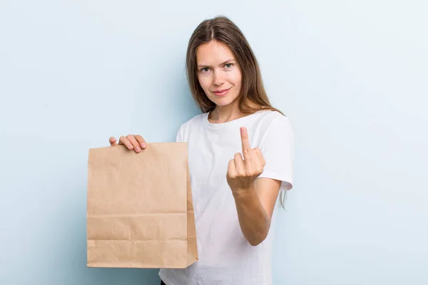 Young Adult Woman Feeling Angry Annoyed Rebellious Aggressive Delivery Take — Stockfoto