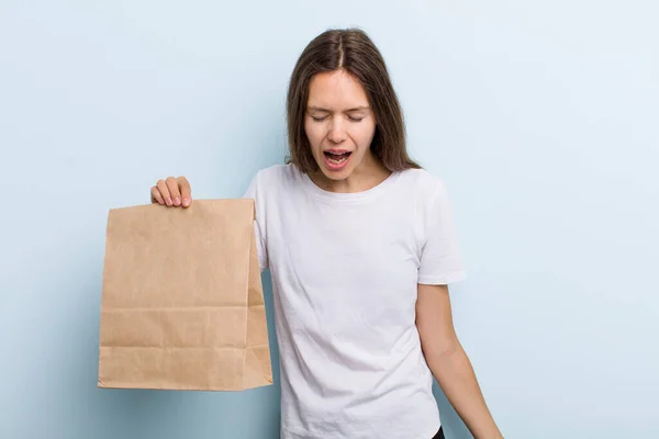 Young Adult Woman Shouting Aggressively Looking Very Angry Delivery Take — ストック写真
