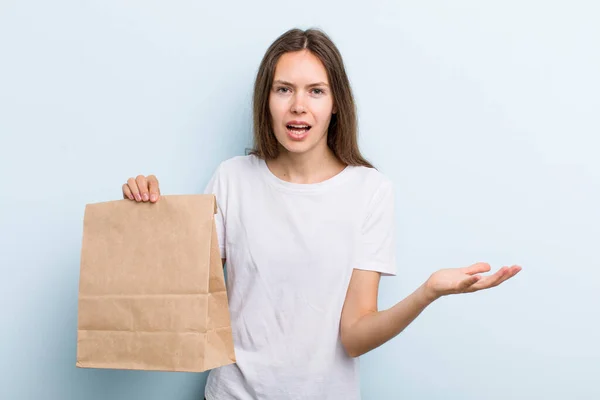 Young Adult Woman Looking Angry Annoyed Frustrated Delivery Take Away — Stockfoto