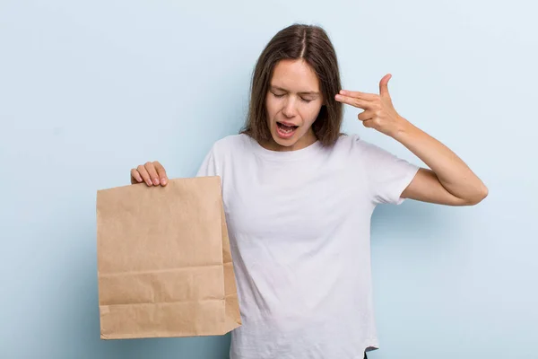 Young Adult Woman Looking Unhappy Stressed Suicide Gesture Making Gun — Stockfoto