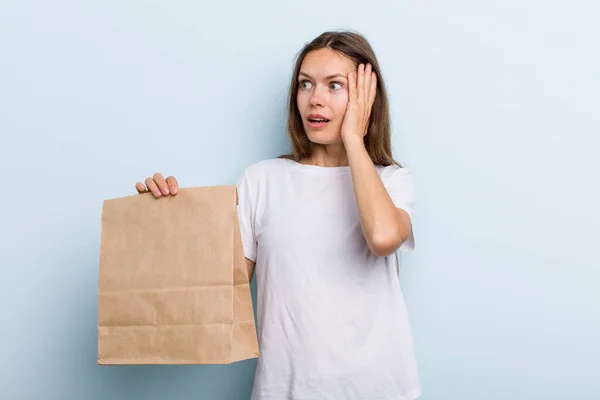 Young Adult Woman Feeling Happy Excited Surprised Delivery Take Away — Stockfoto