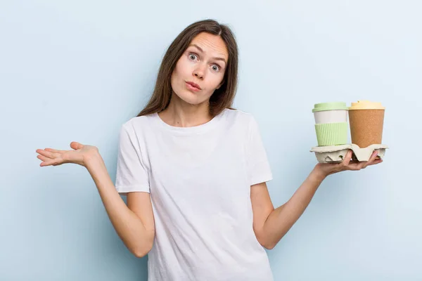 Young Adult Woman Feeling Puzzled Confused Doubting Take Away Coffee — 스톡 사진