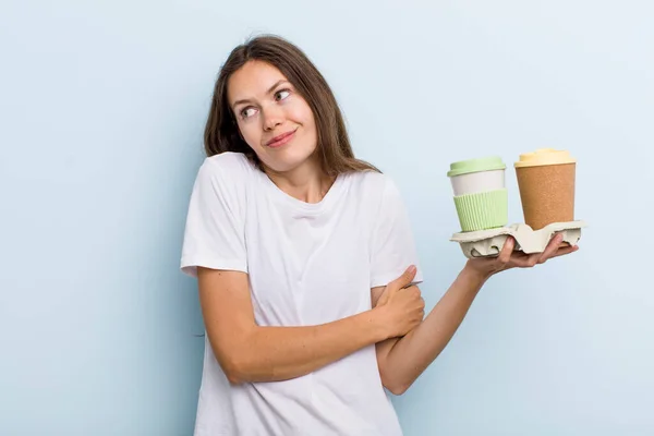 Young Adult Woman Shrugging Feeling Confused Uncertain Take Away Coffee — ストック写真