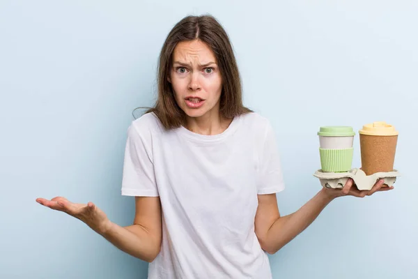 Young Adult Woman Looking Angry Annoyed Frustrated Take Away Coffee — Stockfoto