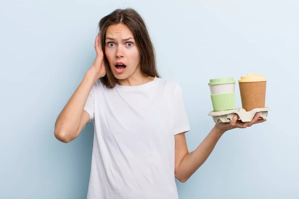 Young Adult Woman Screaming Hands Air Take Away Coffee Concept — Stockfoto