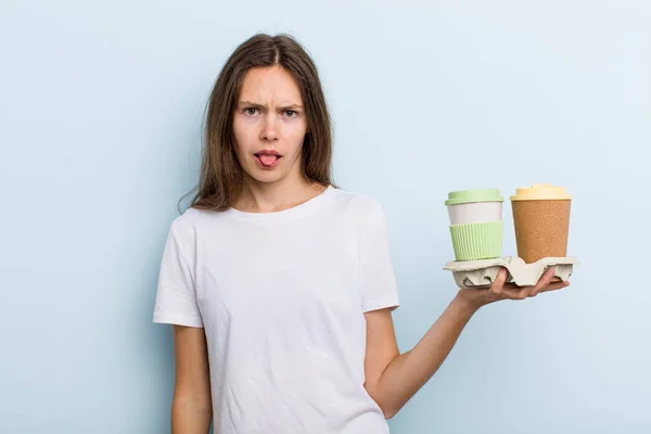 Young Adult Woman Feeling Disgusted Irritated Tongue Out Take Away — Stockfoto