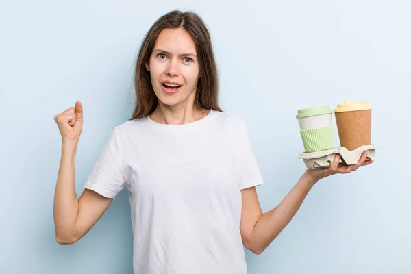 Young Adult Woman Shouting Aggressively Angry Expression Take Away Coffee — Stockfoto