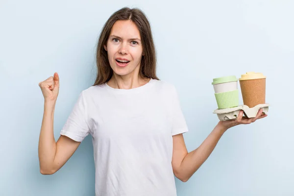 Young Adult Woman Shouting Aggressively Angry Expression Take Away Coffee — Fotografia de Stock