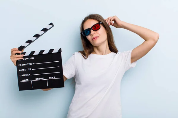 Young Adult Woman Feeling Puzzled Confused Scratching Head Movie Cinema — Stock Photo, Image