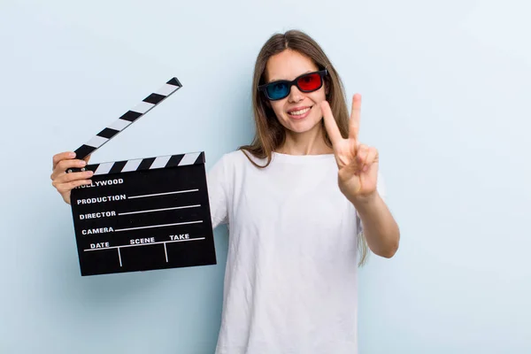Young Adult Woman Smiling Looking Happy Gesturing Victory Peace Movie — Stockfoto