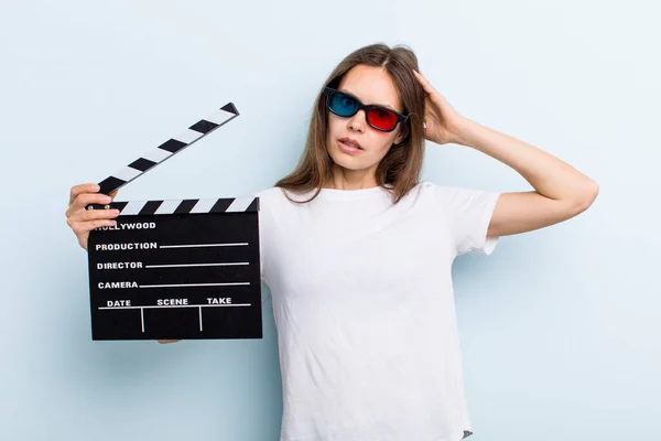 Young Adult Woman Feeling Stressed Anxious Scared Hands Head Movie — Fotografia de Stock