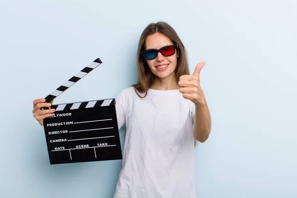 Young Adult Woman Feeling Proud Smiling Positively Thumbs Movie Cinema — Fotografia de Stock