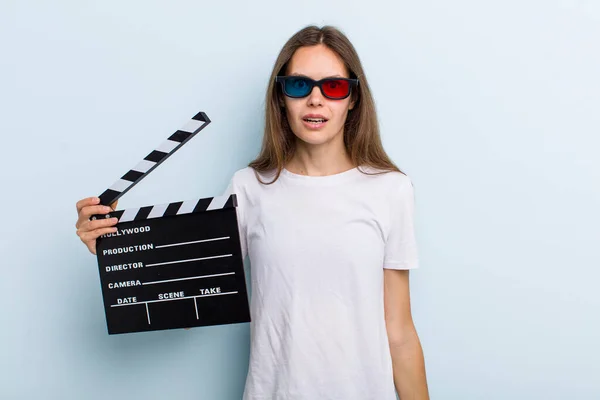 Young Adult Woman Looking Very Shocked Surprised Movie Cinema Concept — Stok fotoğraf