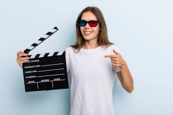 Young Adult Woman Feeling Happy Pointing Self Excited Movie Cinema — Fotografia de Stock