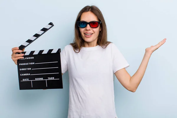 Young Adult Woman Feeling Happy Astonished Something Unbelievable Movie Cinema — Stock Photo, Image