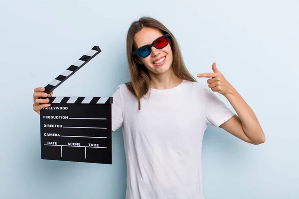 Young Adult Woman Smiling Confidently Pointing Own Broad Smile Movie — Stok fotoğraf