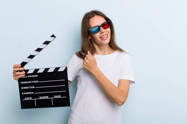 Young Adult Woman Feeling Happy Facing Challenge Celebrating Movie Cinema — Stockfoto