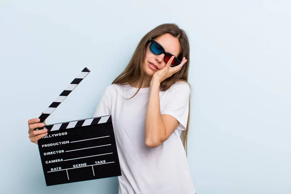 Young Adult Woman Feeling Bored Frustrated Sleepy Tiresome Movie Cinema — Stok fotoğraf