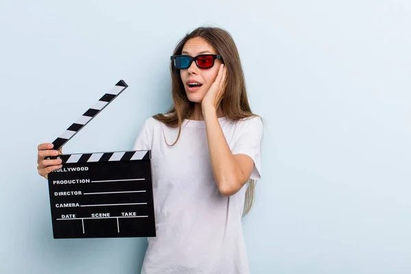Young Adult Woman Feeling Happy Excited Surprised Movie Cinema Concept — Stockfoto