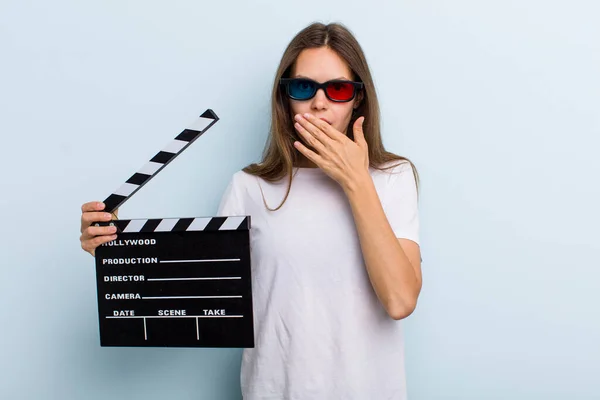Young Adult Woman Covering Mouth Hands Shocked Movie Cinema Concept — kuvapankkivalokuva