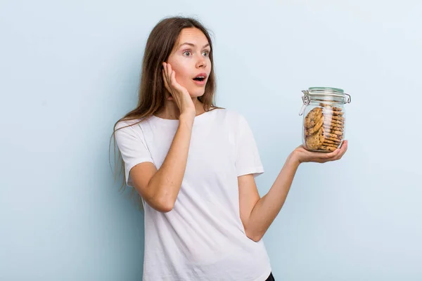 Young Adult Woman Feeling Happy Excited Surprised Home Made Cookies — Stockfoto