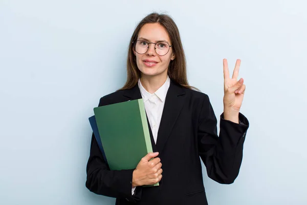 Young Adult Woman Smiling Looking Happy Gesturing Victory Peace University — Stockfoto