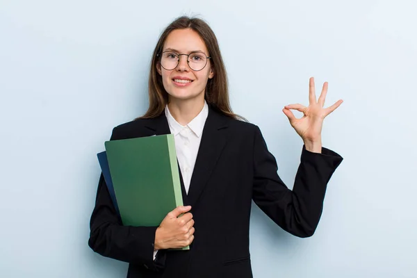 Young Adult Woman Feeling Happy Showing Approval Okay Gesture University — Stockfoto