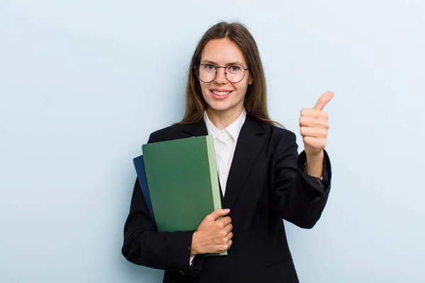 Young Adult Woman Feeling Proud Smiling Positively Thumbs University Student — Stockfoto