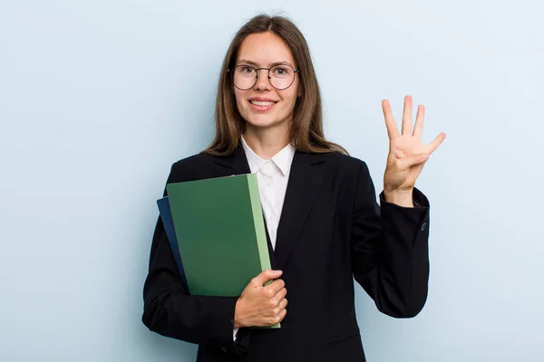 Young Adult Woman Smiling Looking Friendly Showing Number Four University — Stok fotoğraf