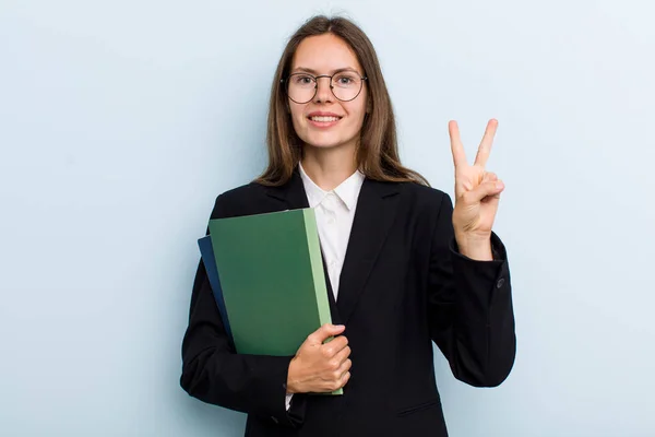 Young Adult Woman Smiling Looking Friendly Showing Number Two University — Stok fotoğraf