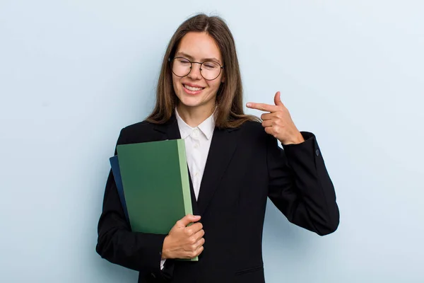 Young Adult Woman Smiling Confidently Pointing Own Broad Smile University — Stockfoto