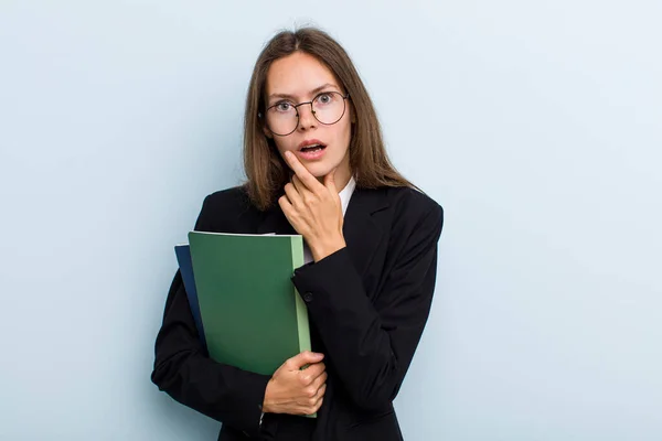 Young Adult Woman Mouth Eyes Wide Open Hand Chin University — ストック写真