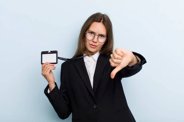 Young Adult Woman Feeling Cross Showing Thumbs Vip Pass Concept — Stock Fotó