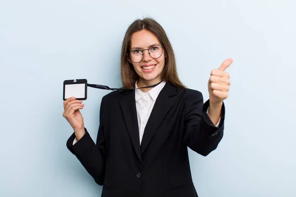 Young Adult Woman Feeling Proud Smiling Positively Thumbs Vip Pass — ストック写真