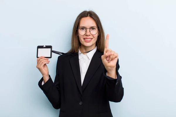 Young Adult Woman Smiling Proudly Confidently Making Number One Vip — Stockfoto