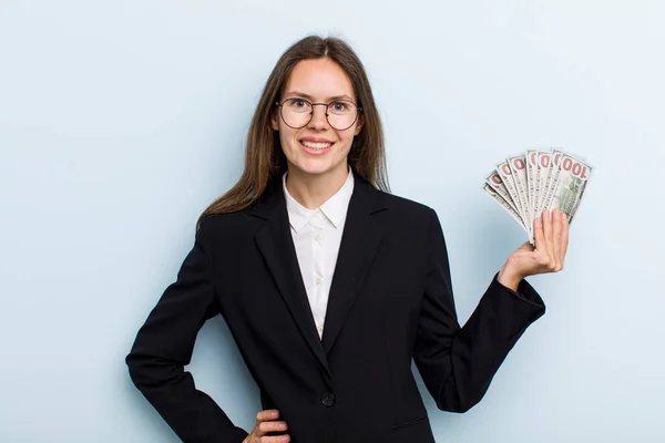 Young Adult Woman Smiling Happily Hand Hip Confident Dollar Banknotes — Stockfoto