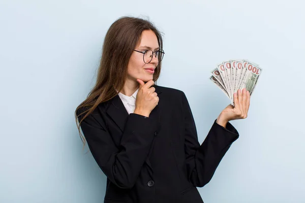 Young Adult Woman Smiling Happy Confident Expression Hand Chin Dollar — Fotografia de Stock