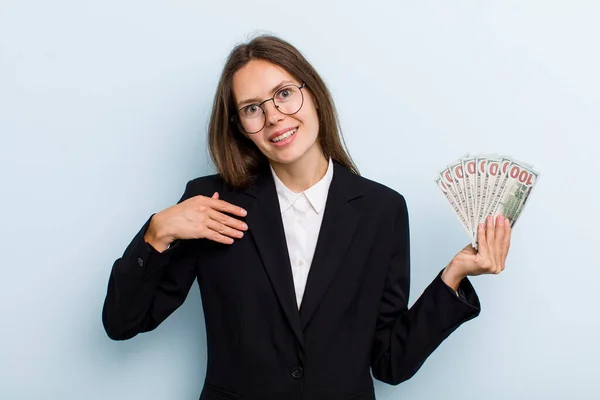 Young Adult Woman Feeling Happy Pointing Self Excited Dollar Banknotes — Foto Stock