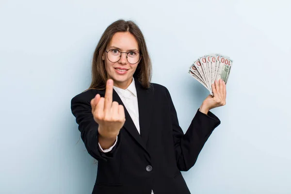 Young Adult Woman Feeling Angry Annoyed Rebellious Aggressive Dollar Banknotes — ストック写真