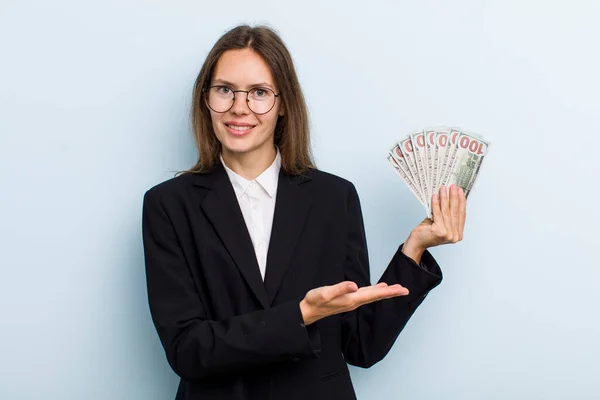 Young Adult Woman Smiling Cheerfully Feeling Happy Showing Concept Dollar — ストック写真