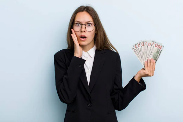 Young Adult Woman Feeling Shocked Scared Dollar Banknotes Concept — Stock Photo, Image