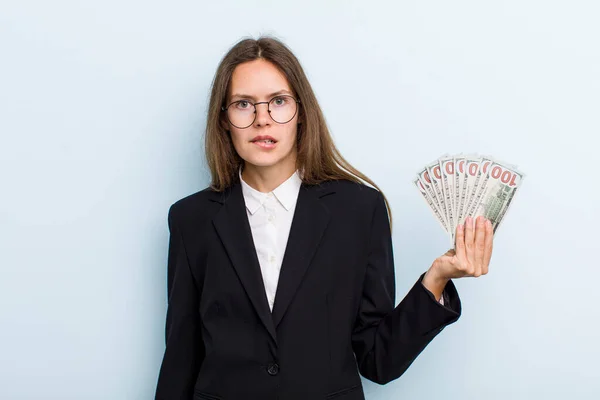 Young Adult Woman Looking Puzzled Confused Dollar Banknotes Concept — ストック写真