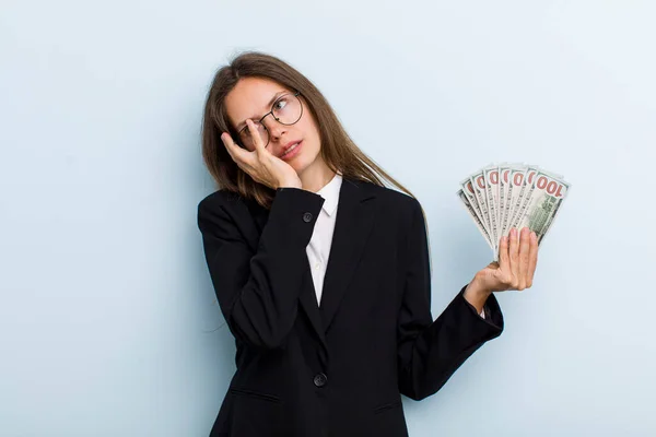 Young Adult Woman Feeling Bored Frustrated Sleepy Tiresome Dollar Banknotes — Stock Photo, Image