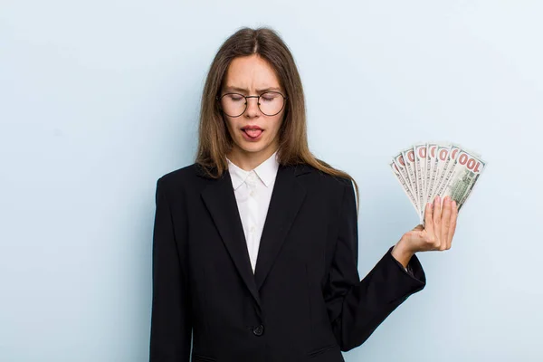 Young Adult Woman Feeling Disgusted Irritated Tongue Out Dollar Banknotes — Foto de Stock