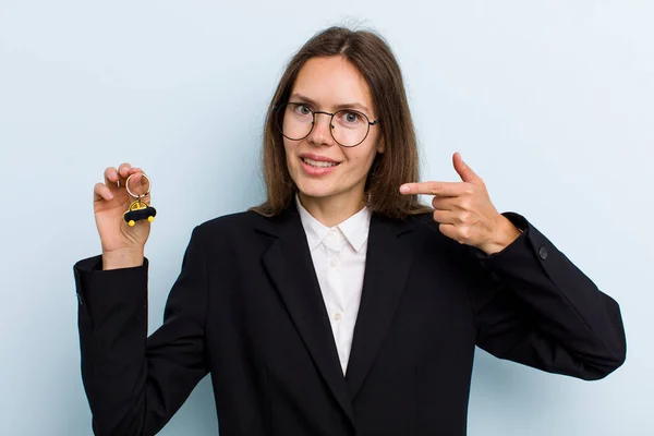 Young Adult Woman Smiling Confidently Pointing Own Broad Smile Bitcoin — Stock Fotó