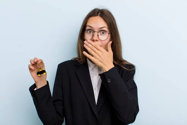 Young Adult Woman Covering Mouth Hands Shocked Bitcoin Concept — 스톡 사진