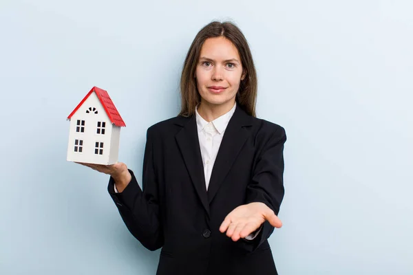 Young Adult Woman Smiling Happily Friendly Offering Showing Concept — Fotografia de Stock