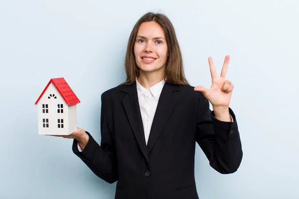 Young Adult Woman Smiling Looking Friendly Showing Number Three — Stock fotografie